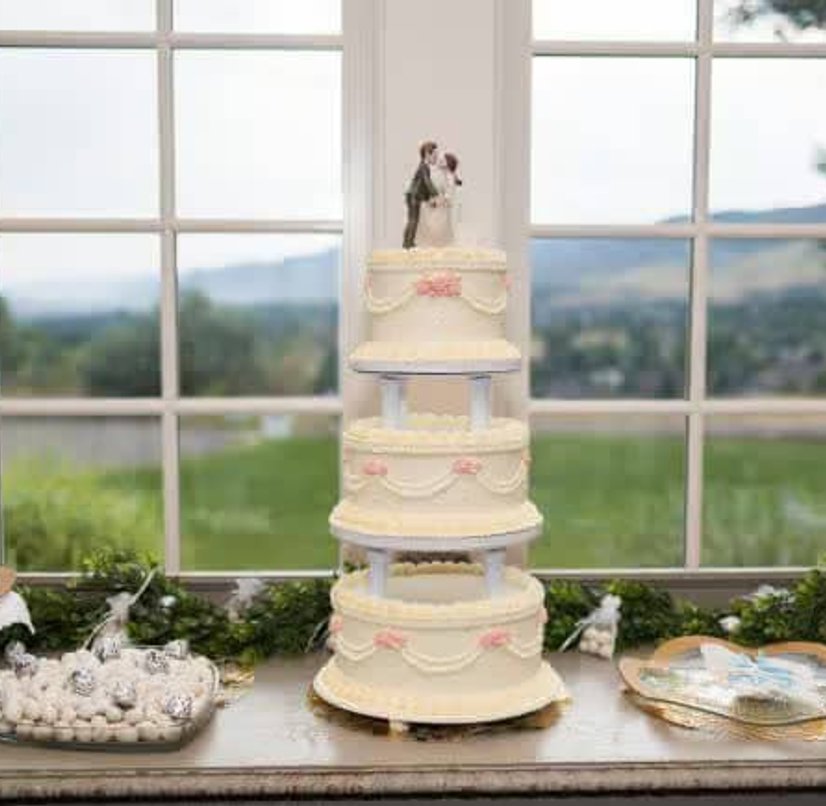 Elaborate three-tier wedding cake pricing example by All Things Cake