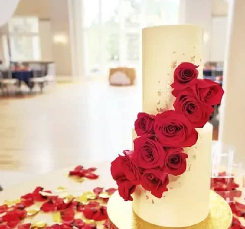 Bride with custom All Things Cake wedding cake